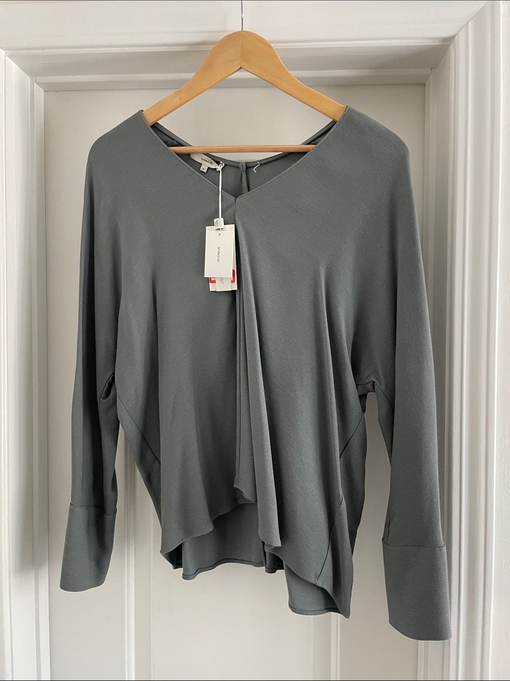 NWT Vince Asymmetric Draped V-Neck Blouse in Slate Gray